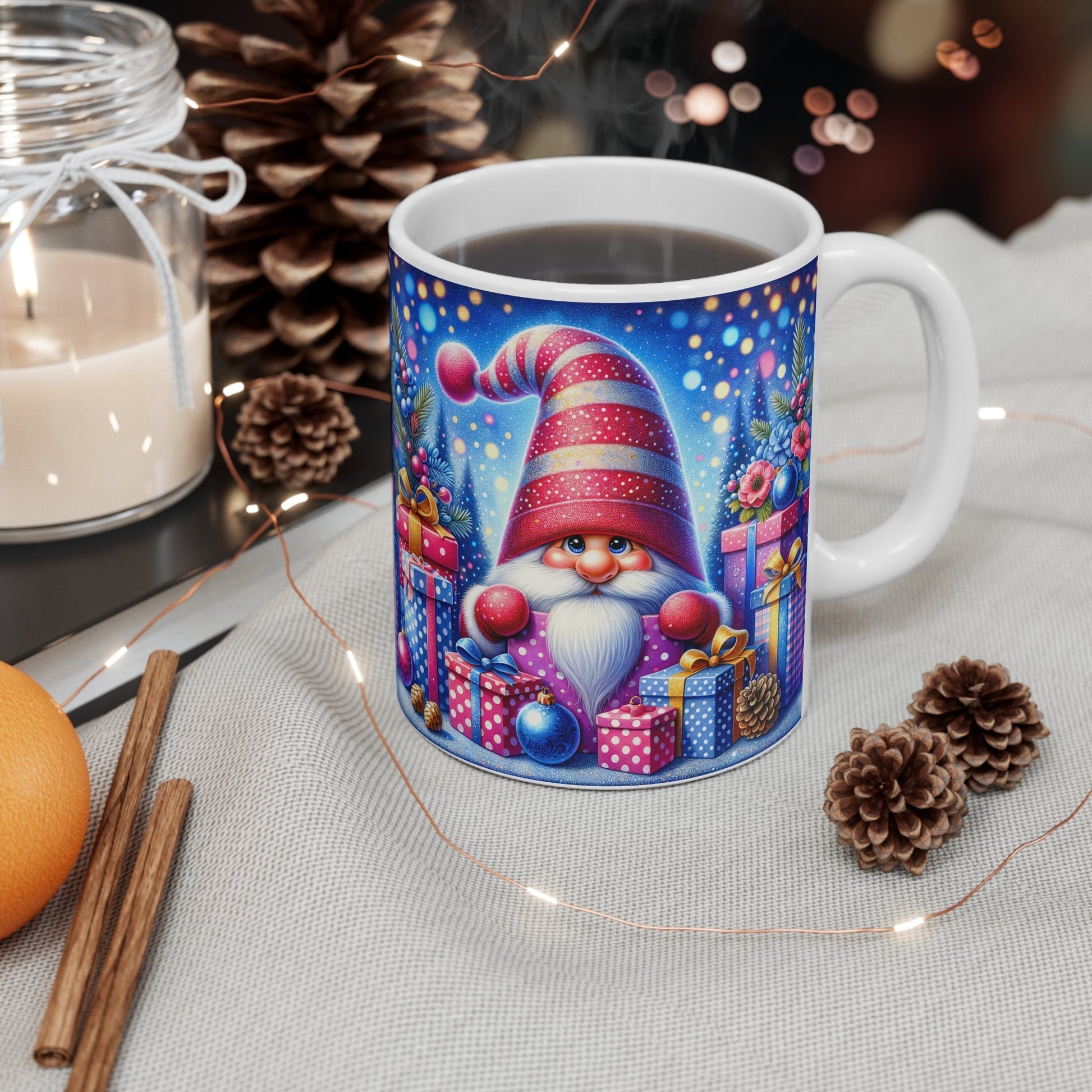 Christmas gnome mug with festive design, glossy finish, 11oz ceramic, microwave and dishwasher safe.