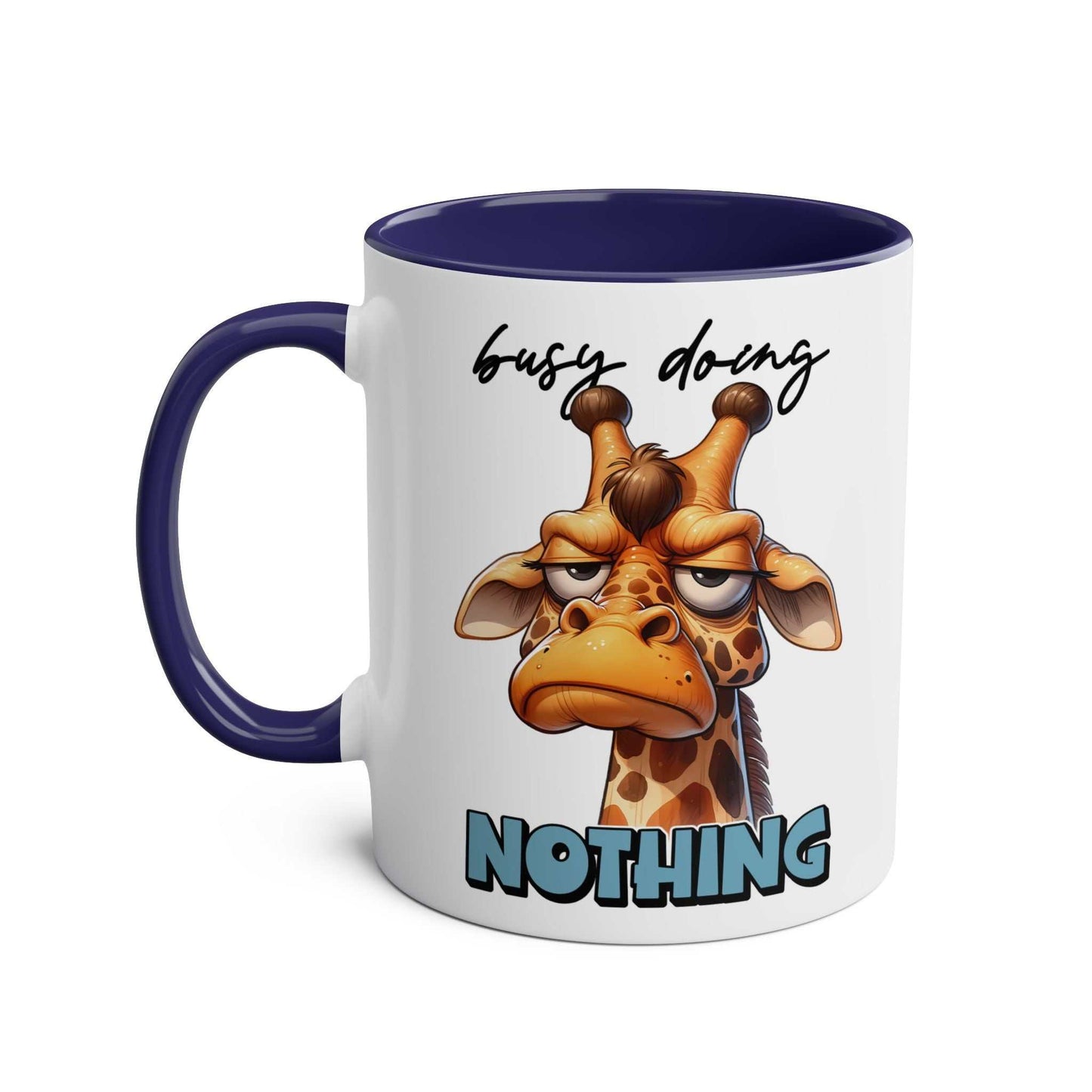 Giraffe coffee mug with "Busy Doing Nothing" text, featuring glossy finish and dishwasher safe design.