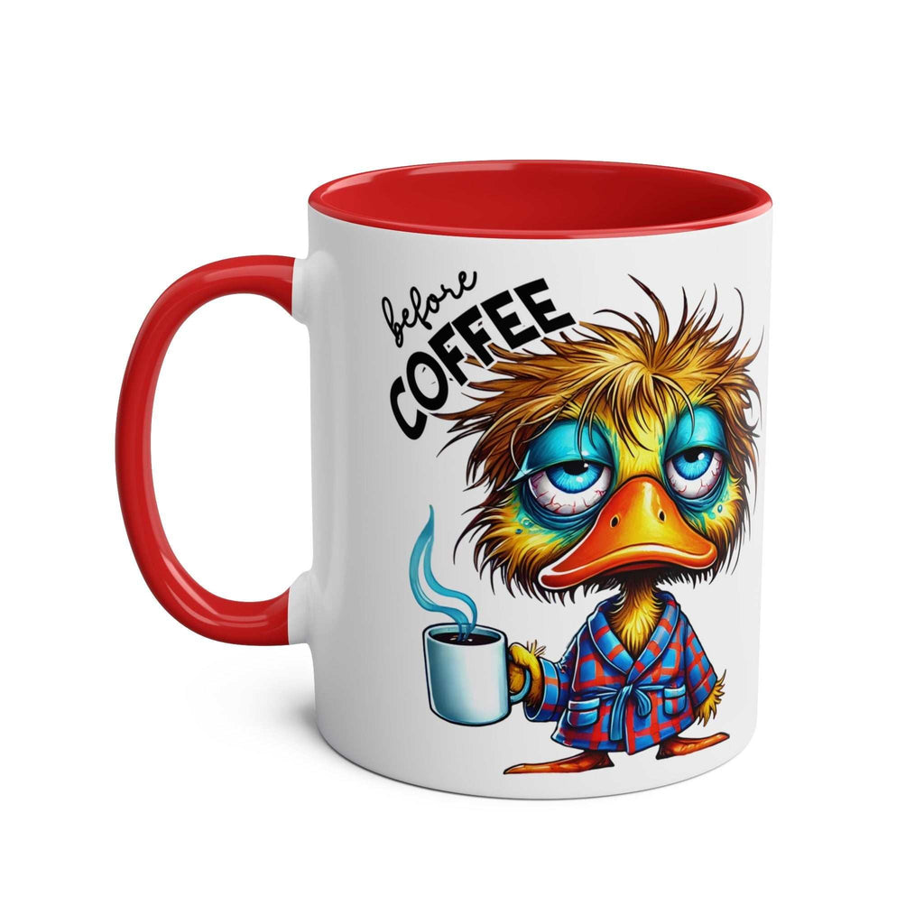 Fun Sarcastic Coffee Mug with humorous duck design, red handle, and glossy finish.