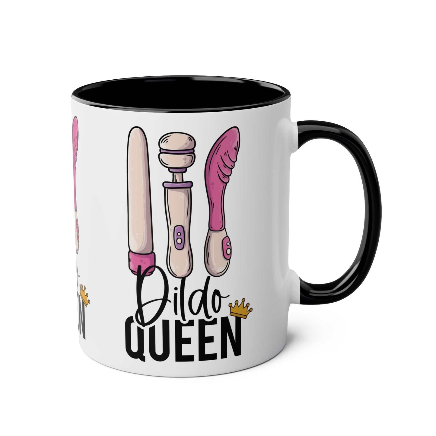 Dildo Queen Coffee Mug with cheeky design, glossy finish, 11oz ceramic; available in 7 colors.