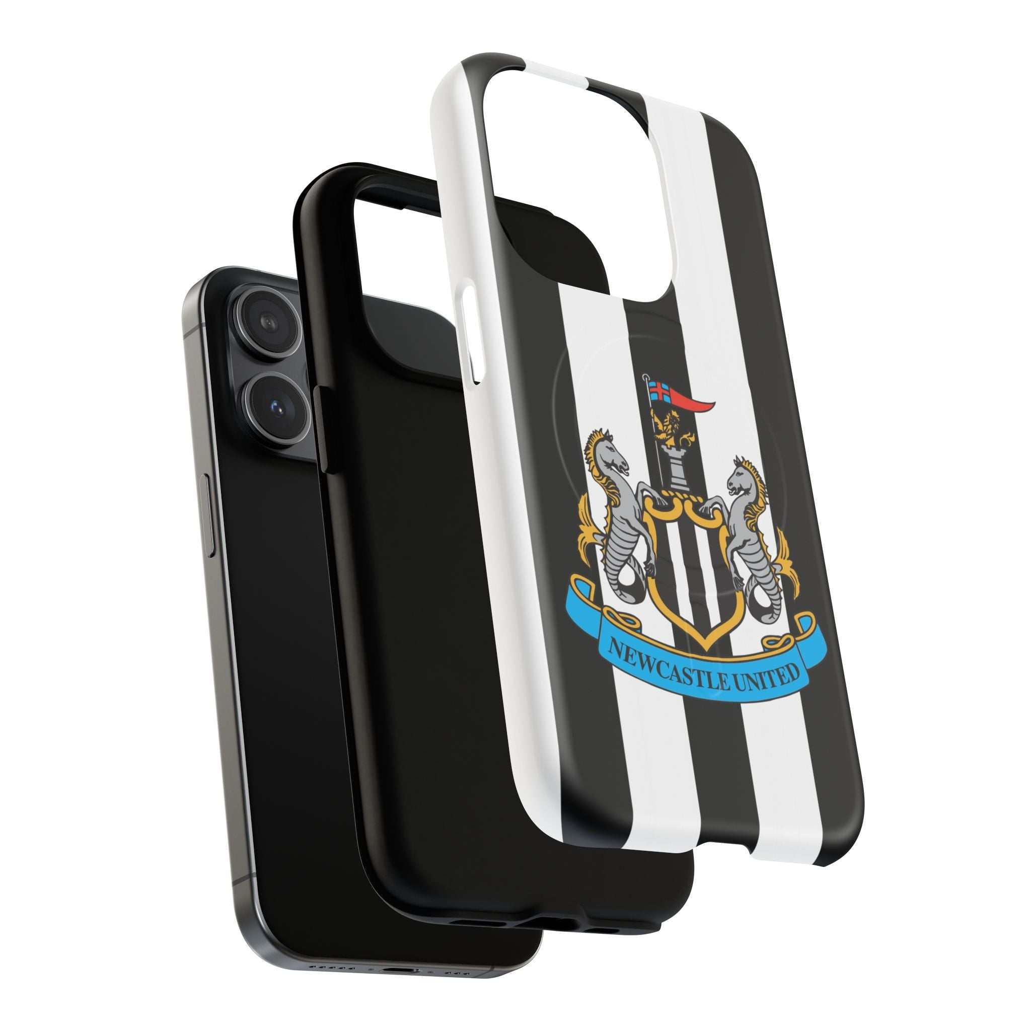 Newcastle United MagSafe iPhone case with black and white stripes and club crest, dual-layer protective design, MagSafe compatible