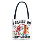Juicy Wieners Fun Tote Bag with cheeky hot dog design and durable cotton straps