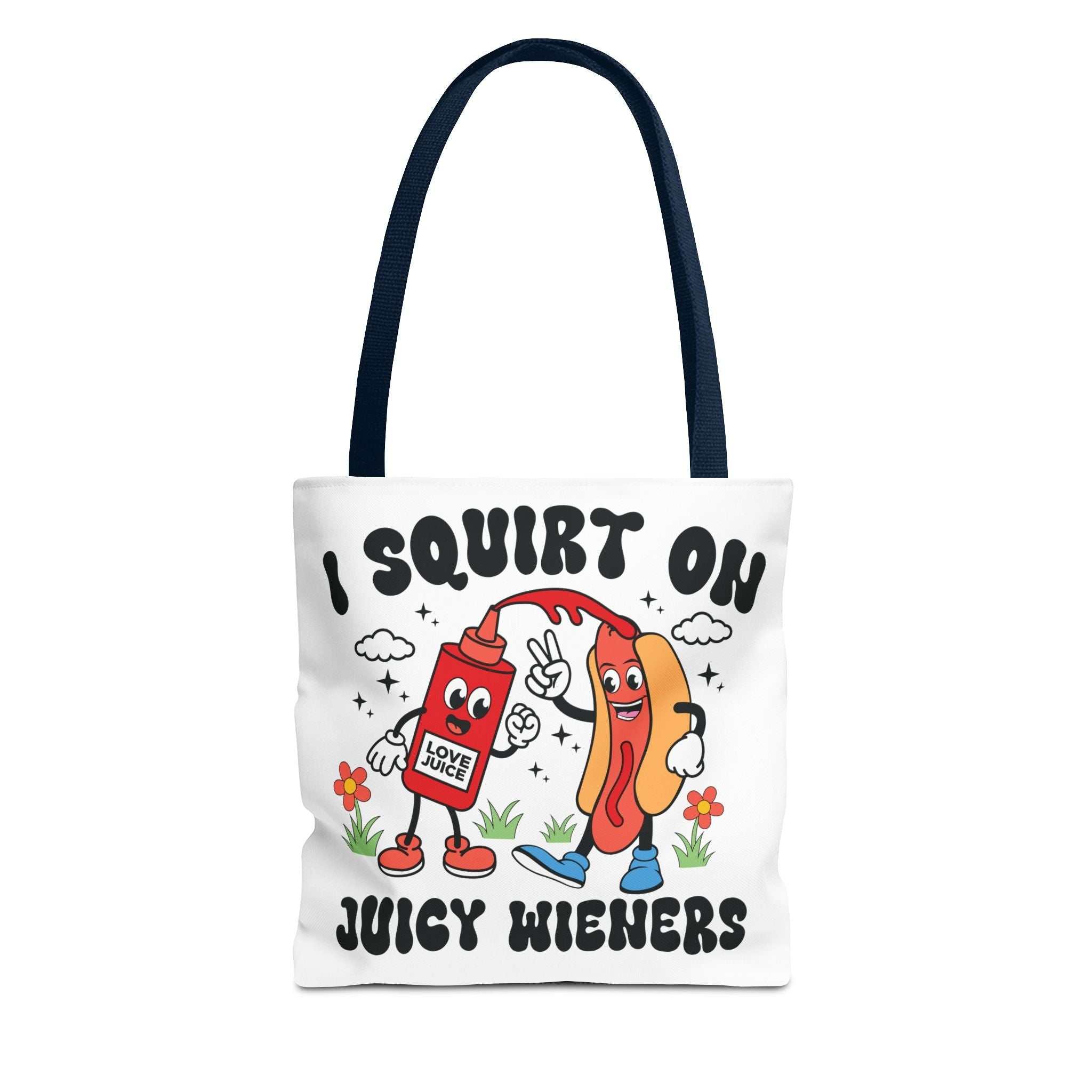 Juicy Wieners Fun Tote Bag with cheeky design and colorful handles