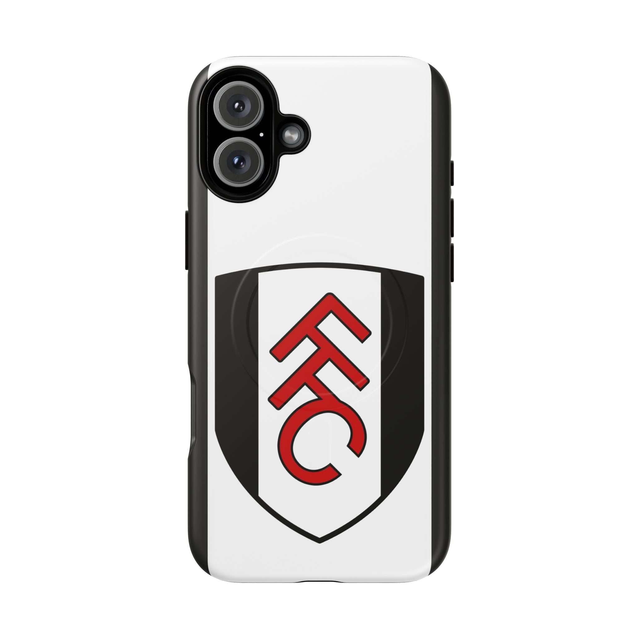 Fulham FC MagSafe iPhone case with black and white crest, dual-layer protection, and MagSafe compatibility
