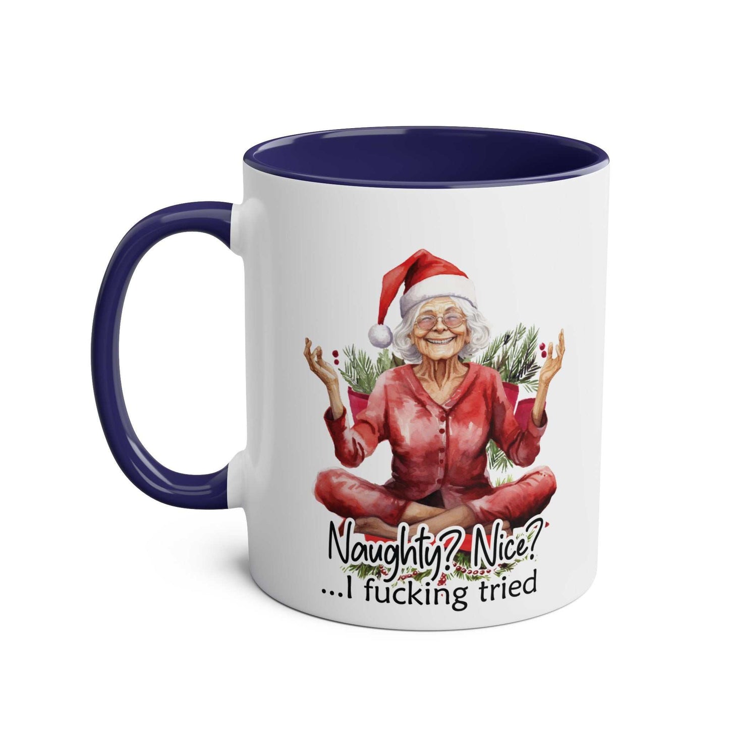 Sweary Granny Christmas Mug with festive design, available in seven colors, ceramic, microwave and dishwasher safe.