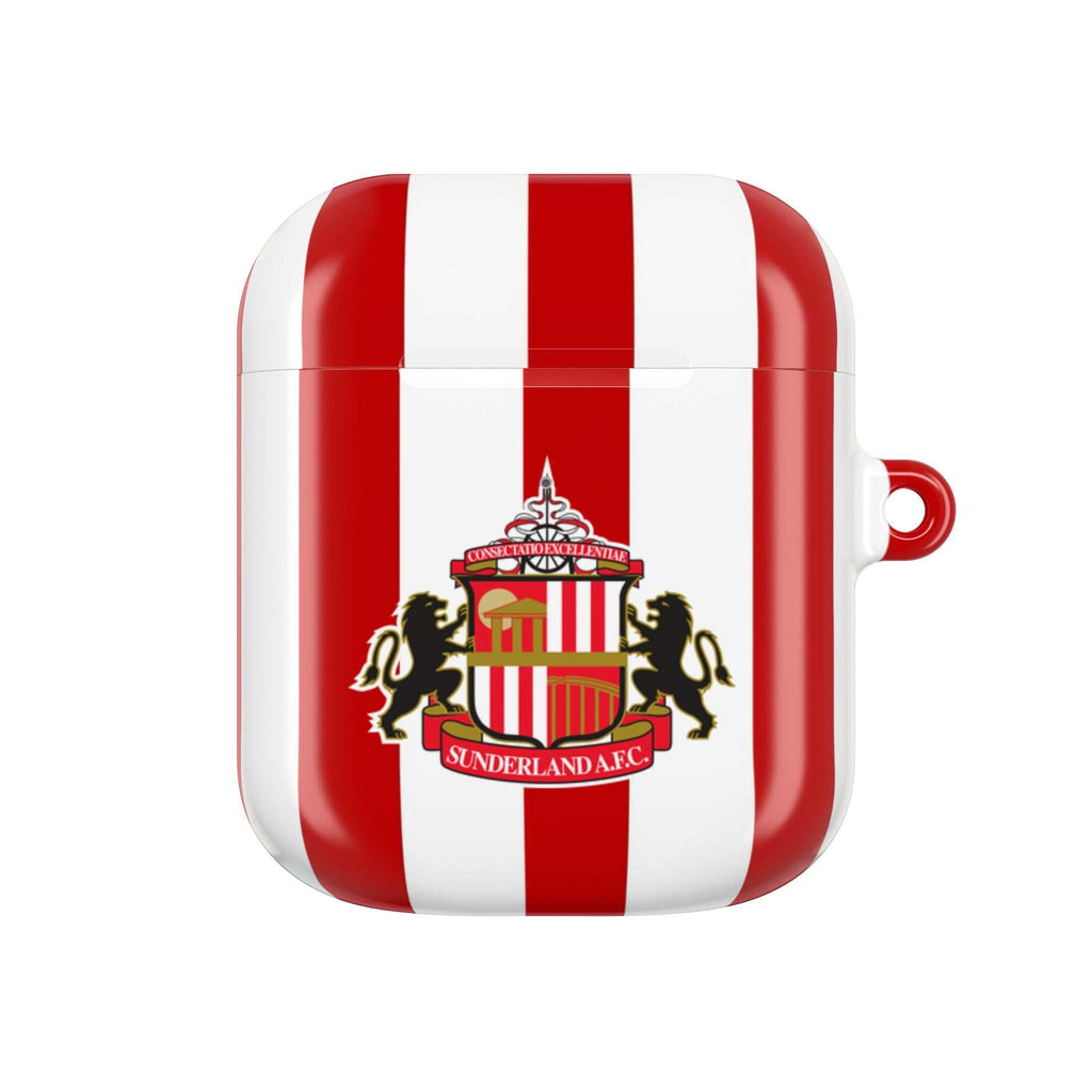 Sunderland FC AirPods protective case with red and white stripes and club crest, compatible with AirPods and AirPods Pro.
