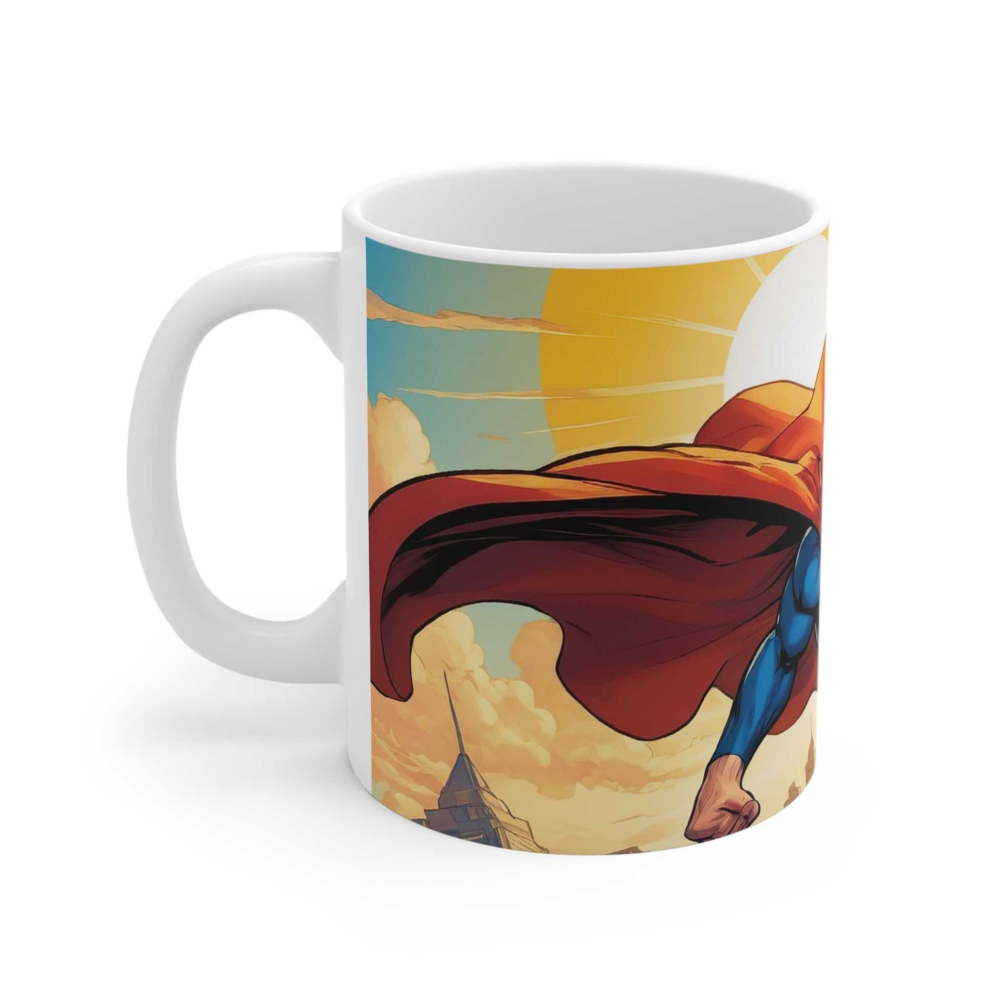 Superman inspired ceramic coffee mug with glossy finish and vibrant superhero design, microwave and dishwasher safe.