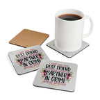 Partner In Crime Coaster Set with playful design and cork back, featuring a high-gloss MDF top for coffee tables.