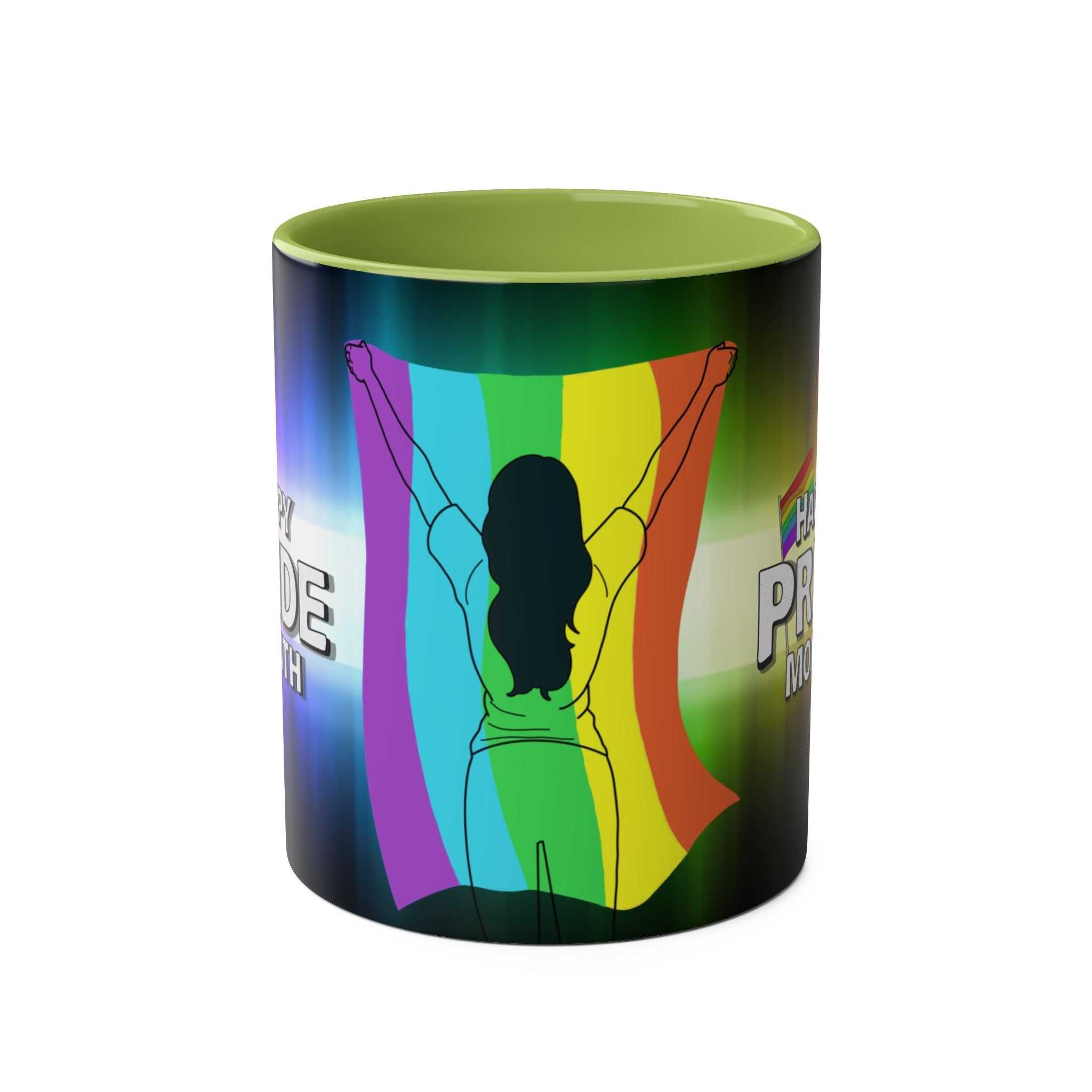 LGBTQ+ Pride mug with colorful rainbow design and glossy finish.