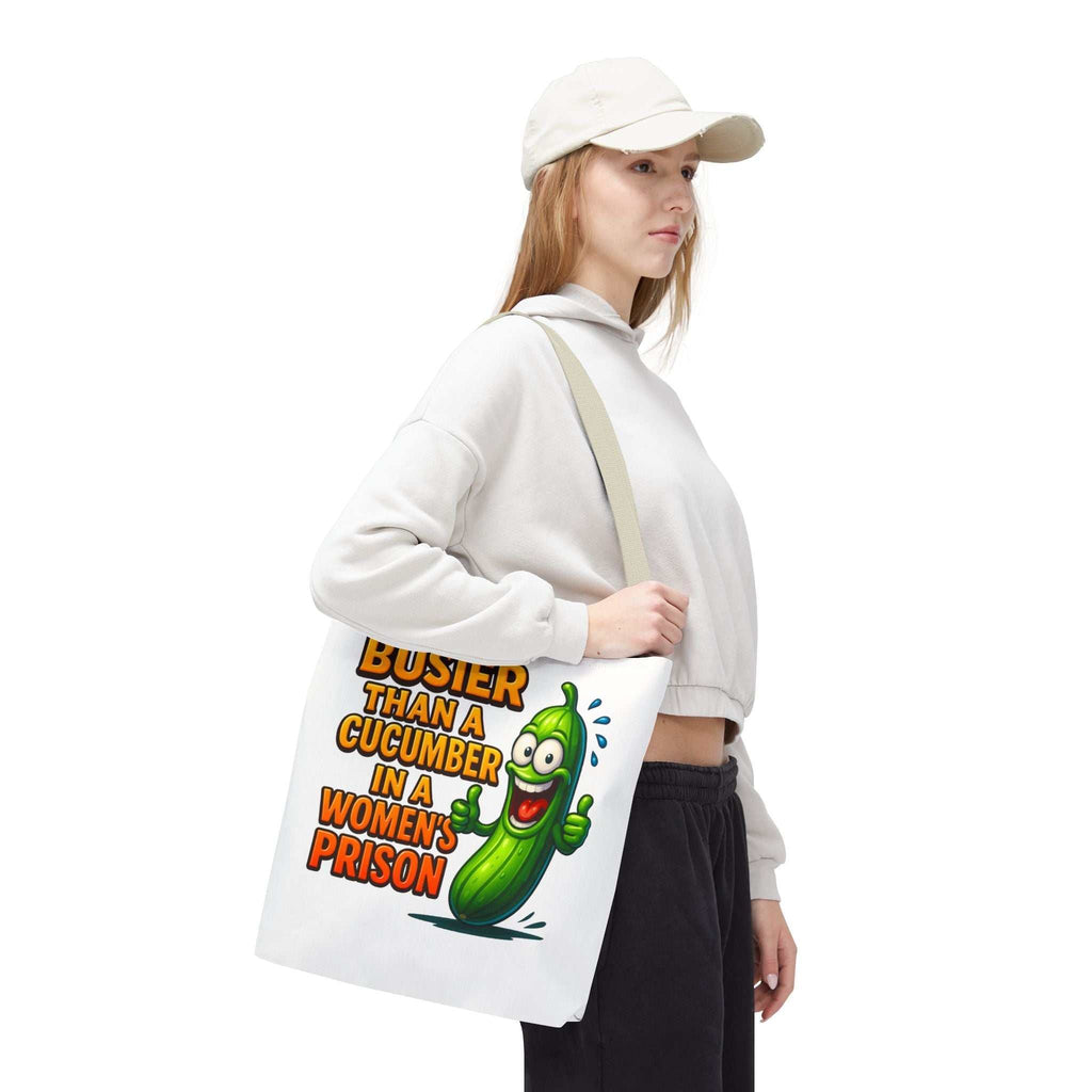 Cheeky Busier Than a Cucumber Tote Bag in durable spun polyester with colorful handles