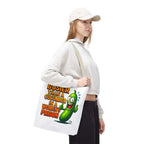 Cheeky Busier Than a Cucumber Tote Bag in durable spun polyester with colorful handles