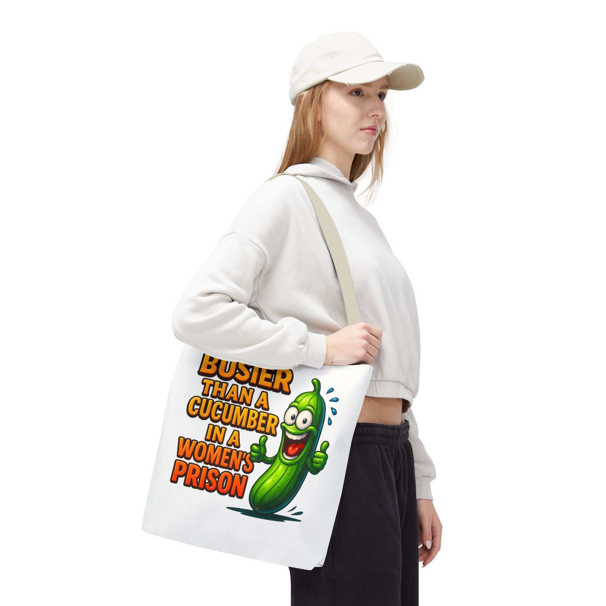 Cheeky Busier Than a Cucumber Tote Bag in durable spun polyester with colorful handles