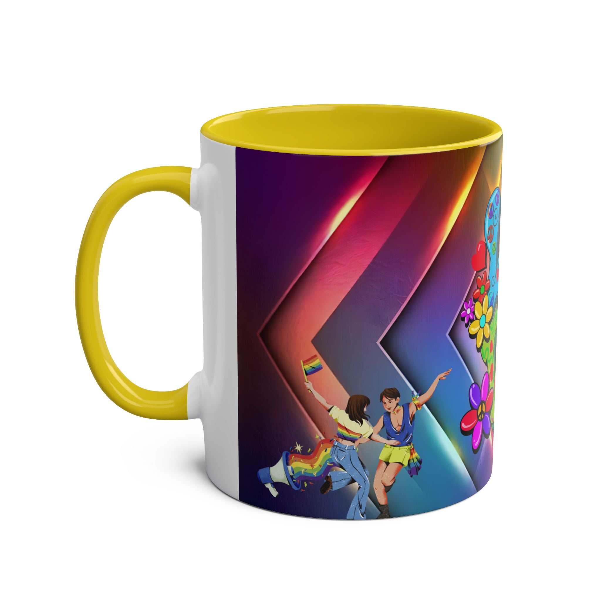LGBTQ+ Pride Mug with rainbow design, high-quality ceramic, 11oz, vibrant colors, microwave and dishwasher safe.