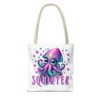 Squirter Squid Tote Bag with cheeky design, durable spun polyester, multiple sizes and handle colors, reusable and lightweight tote bag