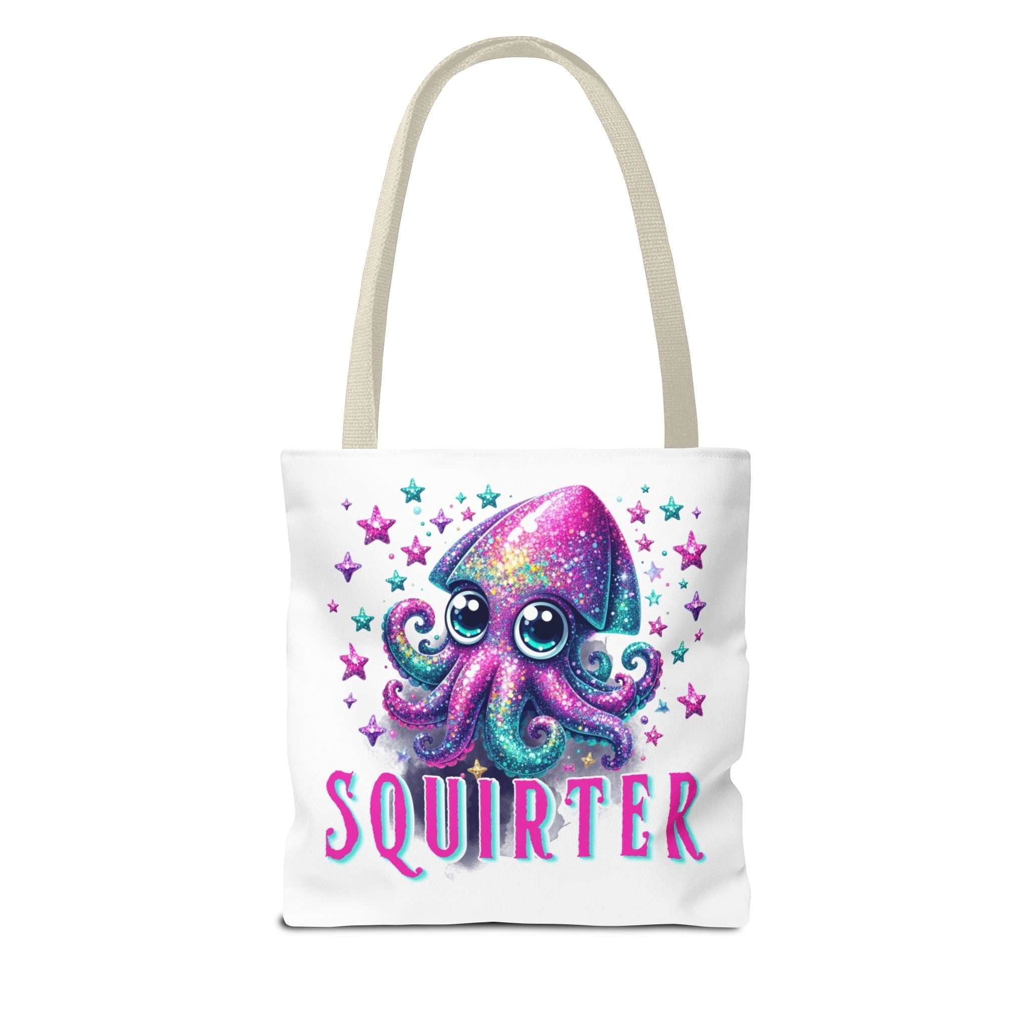 Squirter Squid Tote Bag with cheeky design, durable spun polyester, multiple sizes and handle colors, reusable and lightweight tote bag