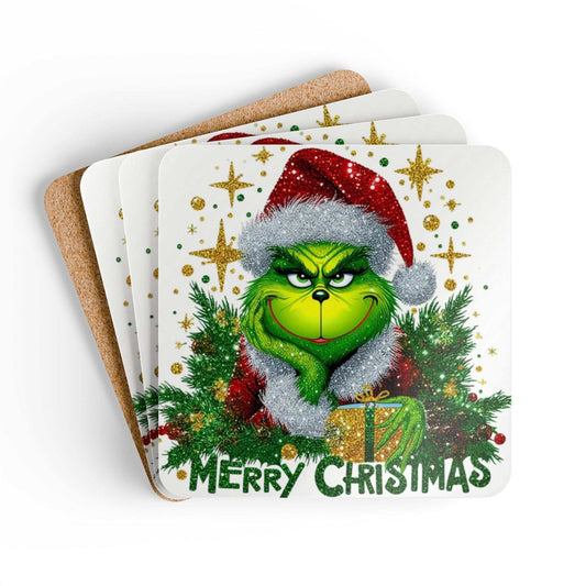 Grinch Merry Christmas coaster set with grumpy Grinch design, high-gloss MDF, cork back, 4-piece set.