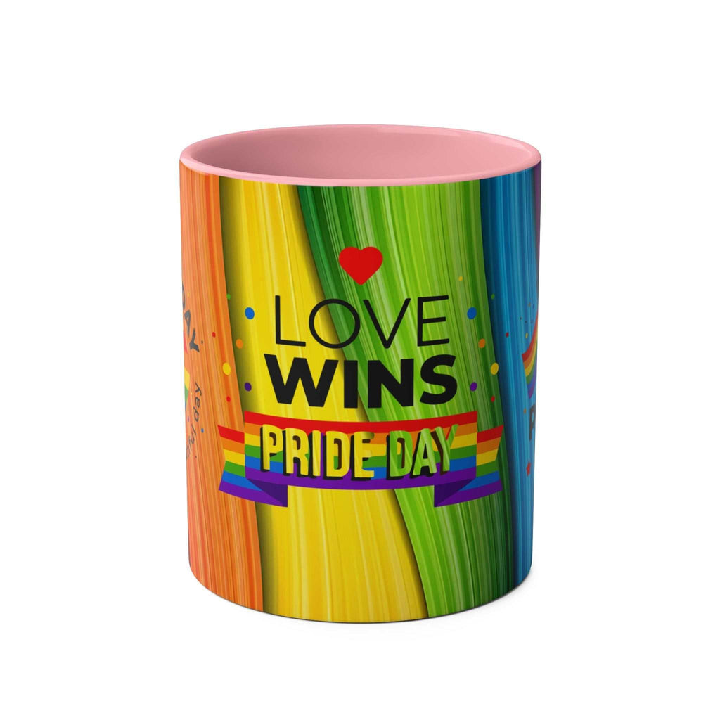 LGBTQ+ Pride Mug with rainbow design and "Love Wins" text.