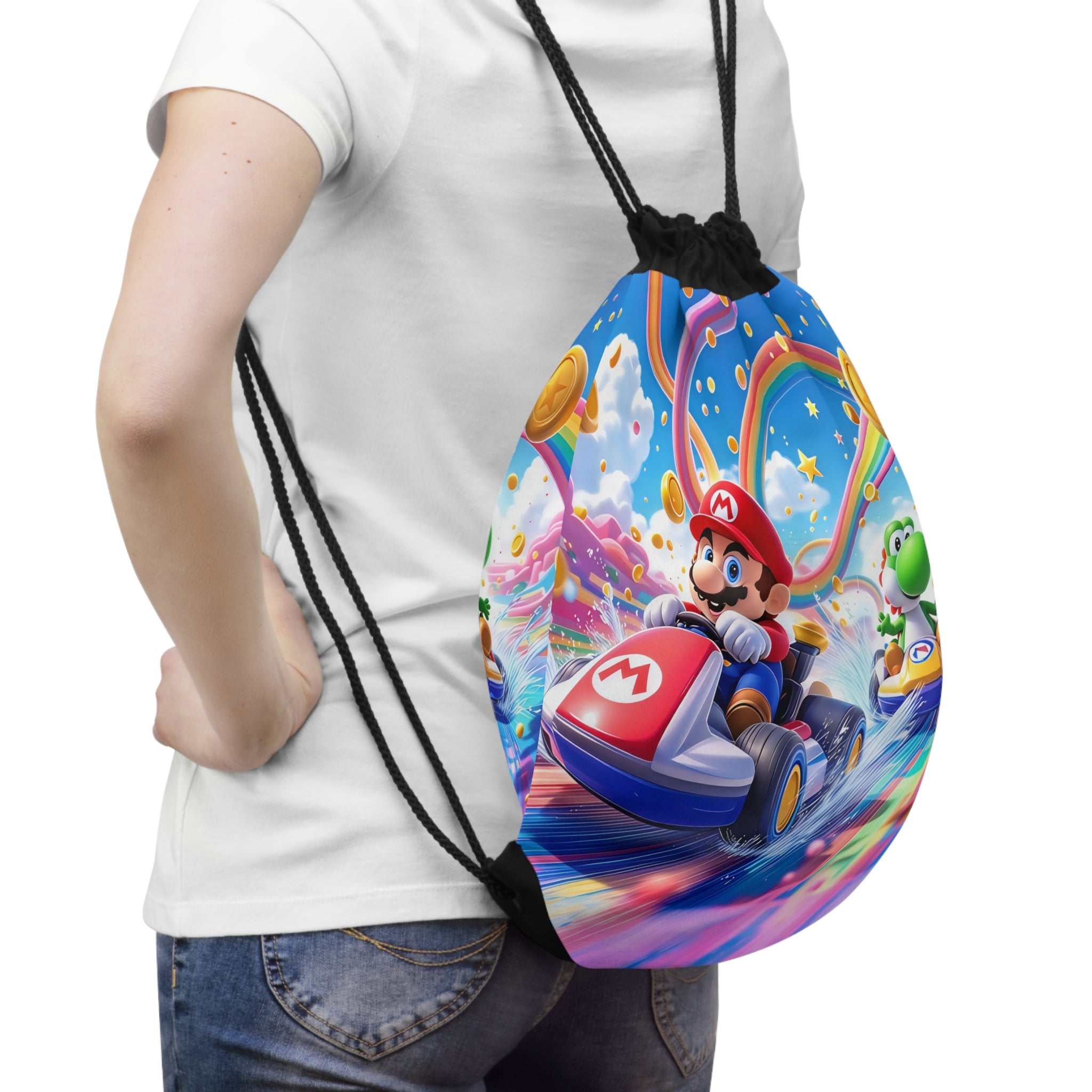 Mario themed drawstring bag with colorful kart racing design, lightweight durable polyester, reinforced corners, and adjustable straps for kids and fans.