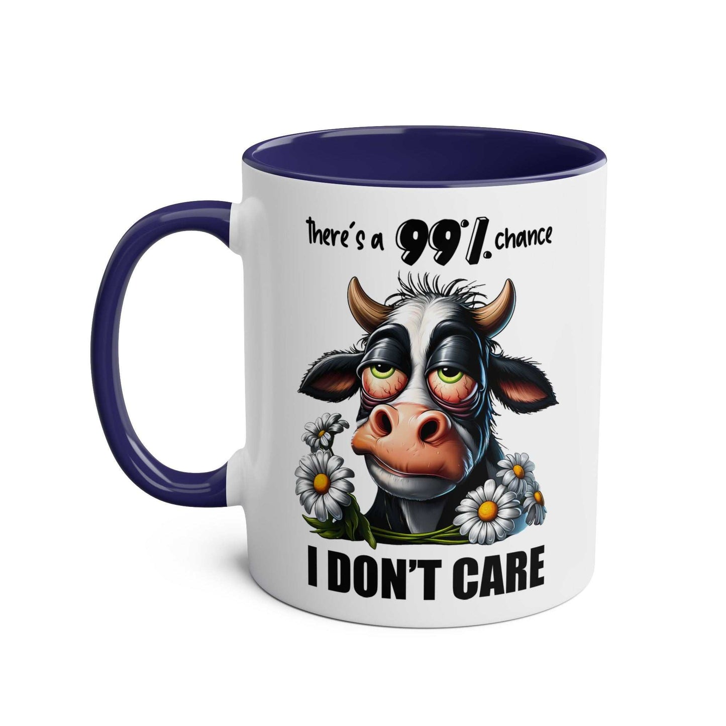 I Dont Care Coffee Mug with quirky cow design, ceramic, glossy finish, microwave and dishwasher safe.