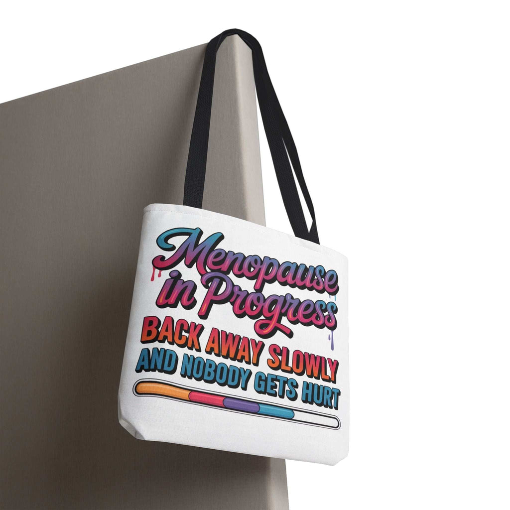 Cheeky Menopause in Progress tote bag with durable spun polyester and colorful handles