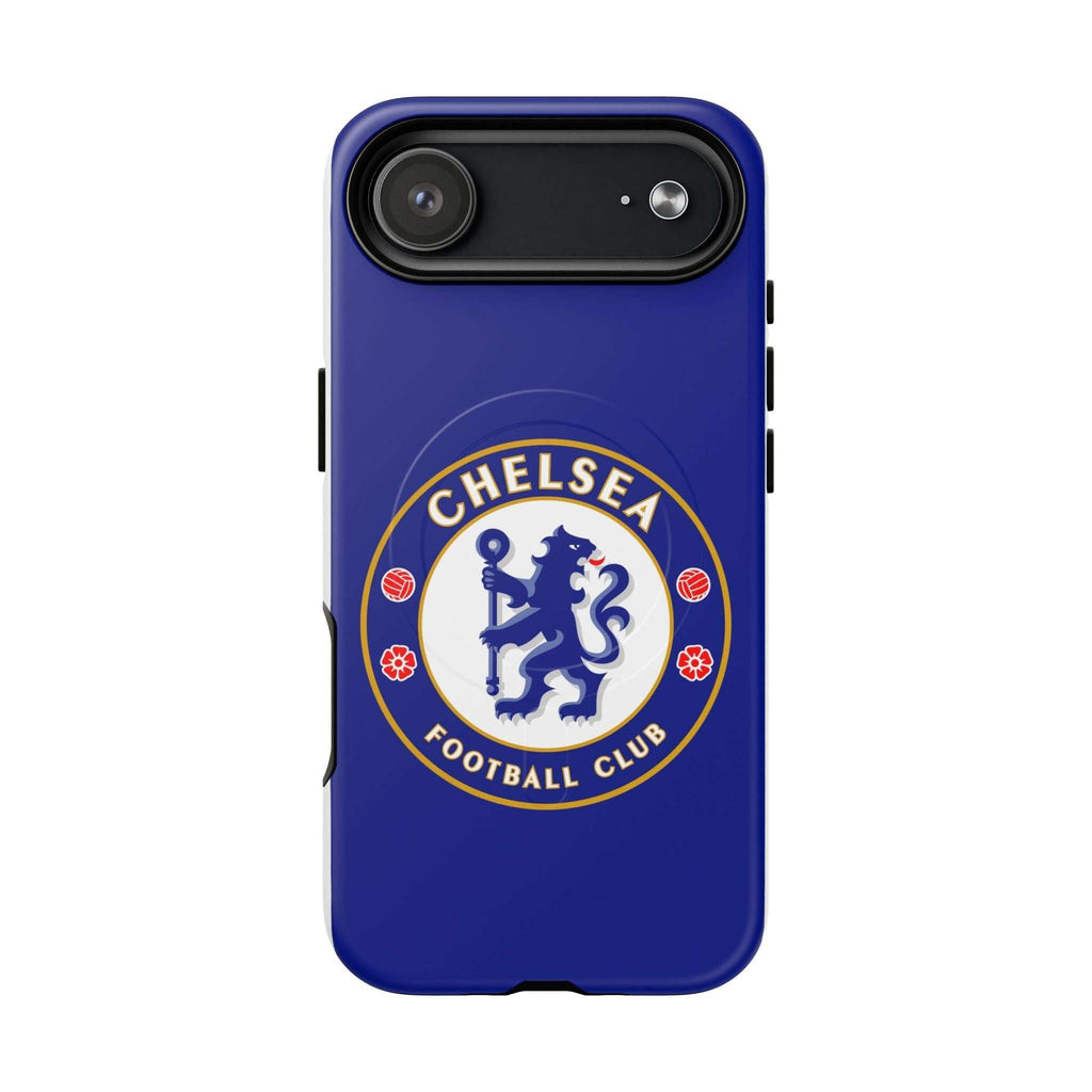 Chelsea FC MagSafe iPhone case with royal blue design and club crest for protection and wireless charging compatibility