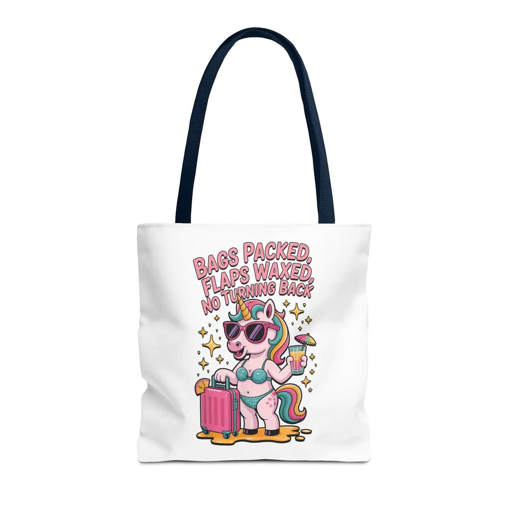 Fun unicorn travel tote bag with cheeky design, durable spun polyester, and colorful handle options.