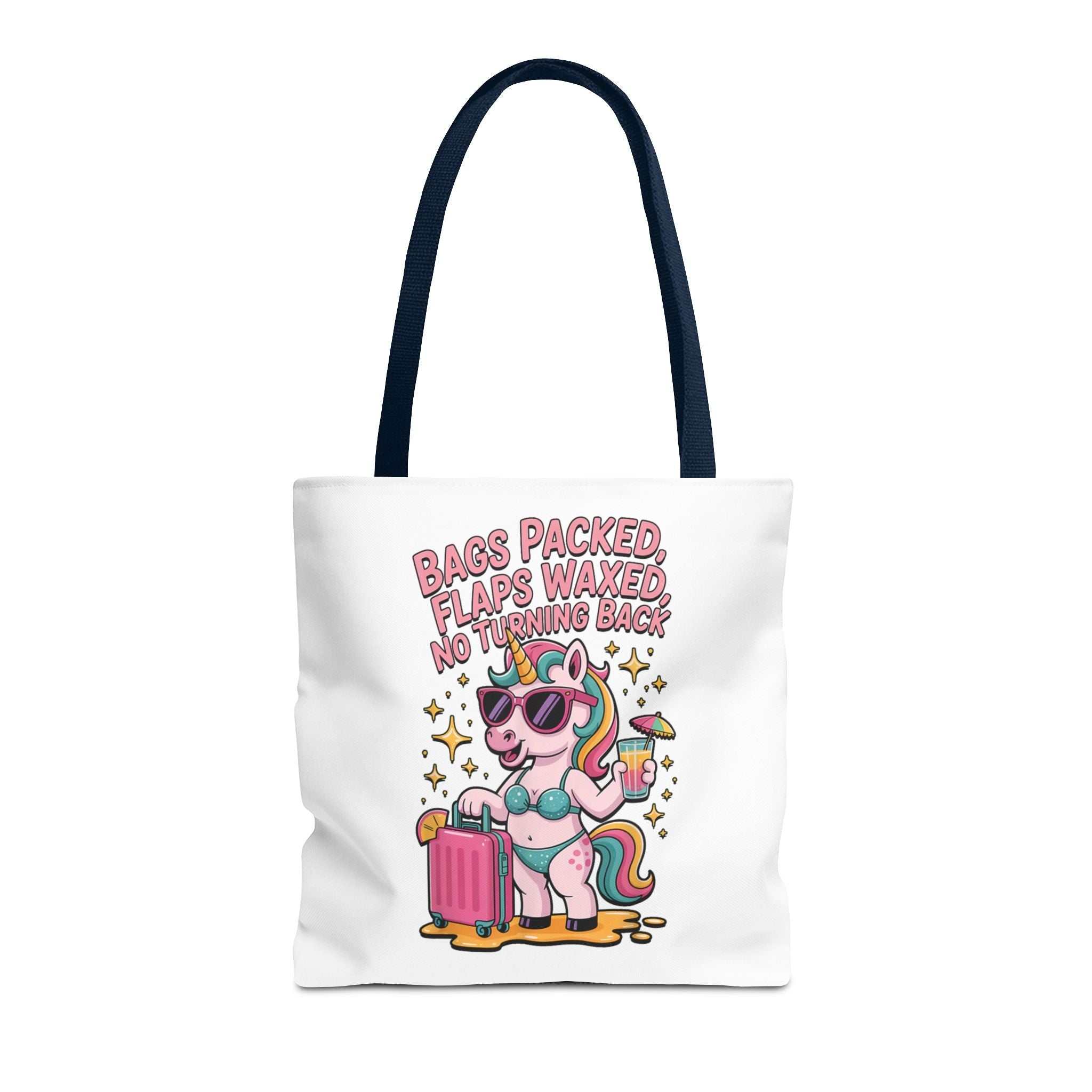 Fun unicorn travel tote bag with cheeky design, durable spun polyester, and colorful handle options.