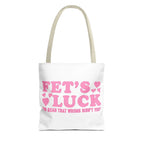 Pink heart tote bag with cheeky fun design and multiple handle colors