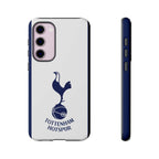 Tottenham FC magnetic Samsung phone case in white and navy with official-inspired crest, dual-layer protection, and wireless charging compatibility