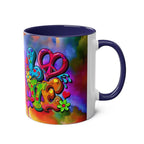 LGBTQ+ Pride Mug with colorful rainbow design and glossy finish, featuring peace and love symbols, 11oz ceramic, available in 7 colors.