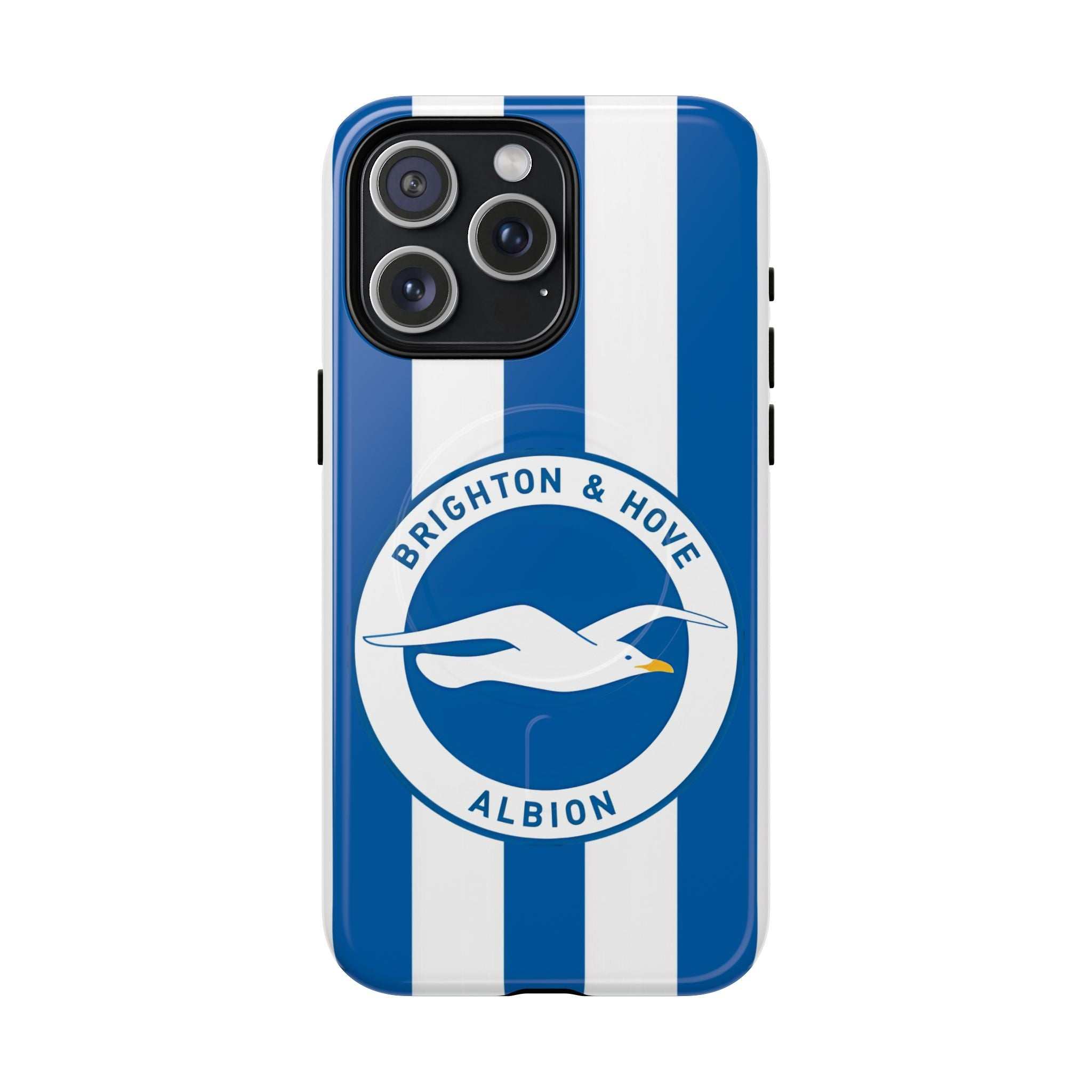 Brighton FC MagSafe iPhone case with blue and white stripes and seagull crest, dual-layer protective design, compatible with MagSafe charging.