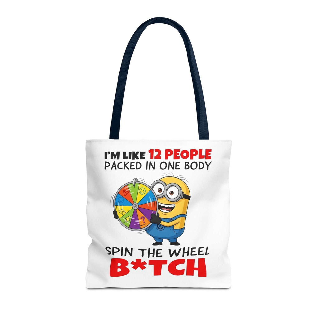 Funny Minion tote bag with cheeky design in durable spun polyester and multiple handle color options.