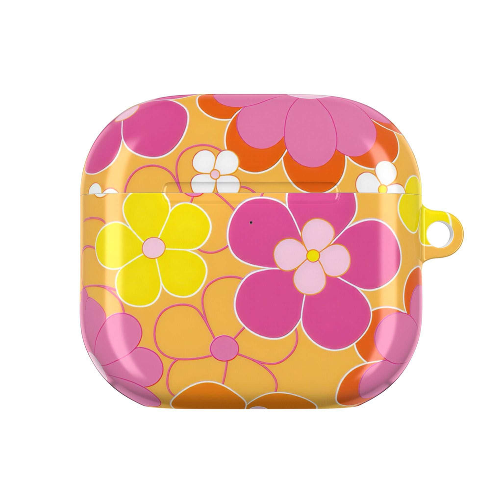 Retro floral patterned hard shell AirPods protective case in bright yellow, pink, and orange colors