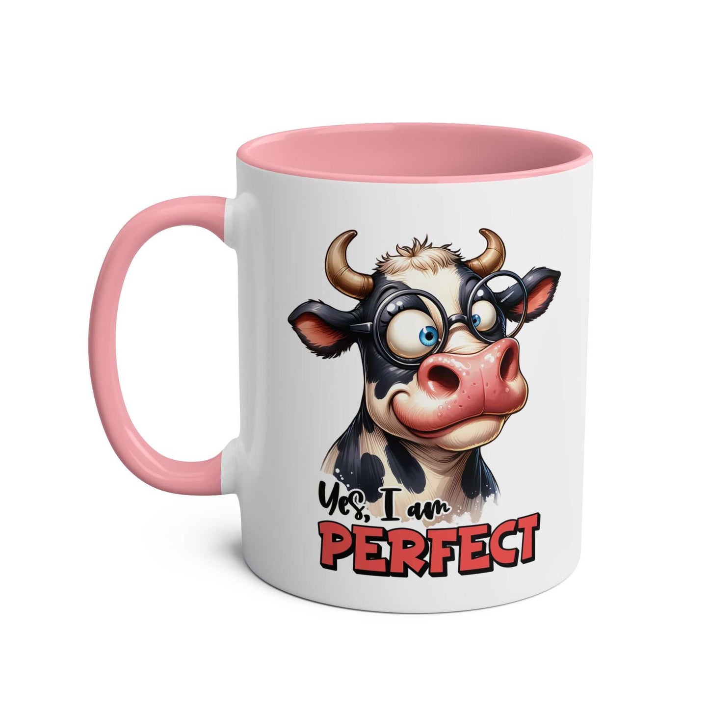 I Am Perfect Coffee Mug with fun cow design and pink handle.