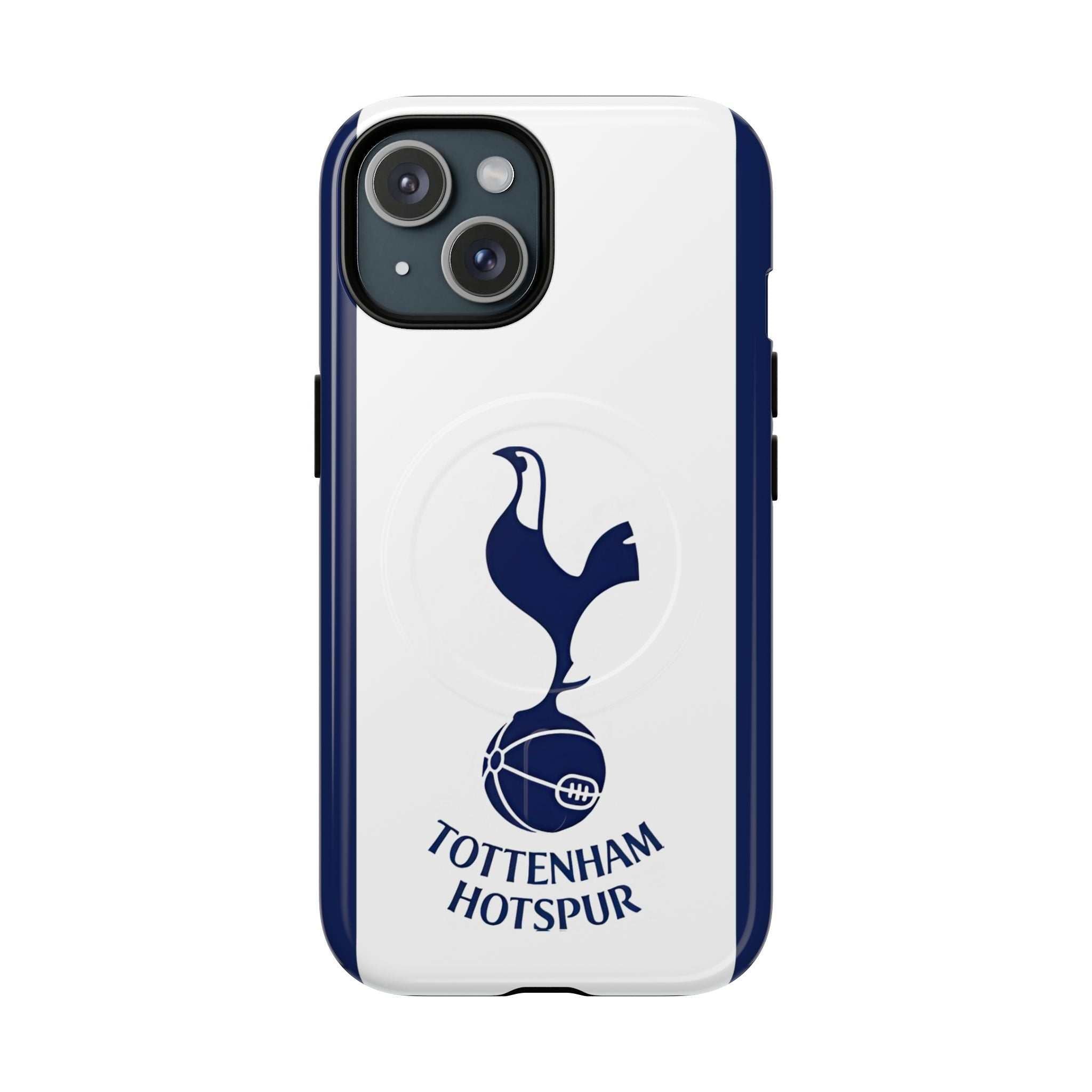 Tottenham FC MagSafe iPhone case with navy and white colors and Spurs crest for protection and wireless charging