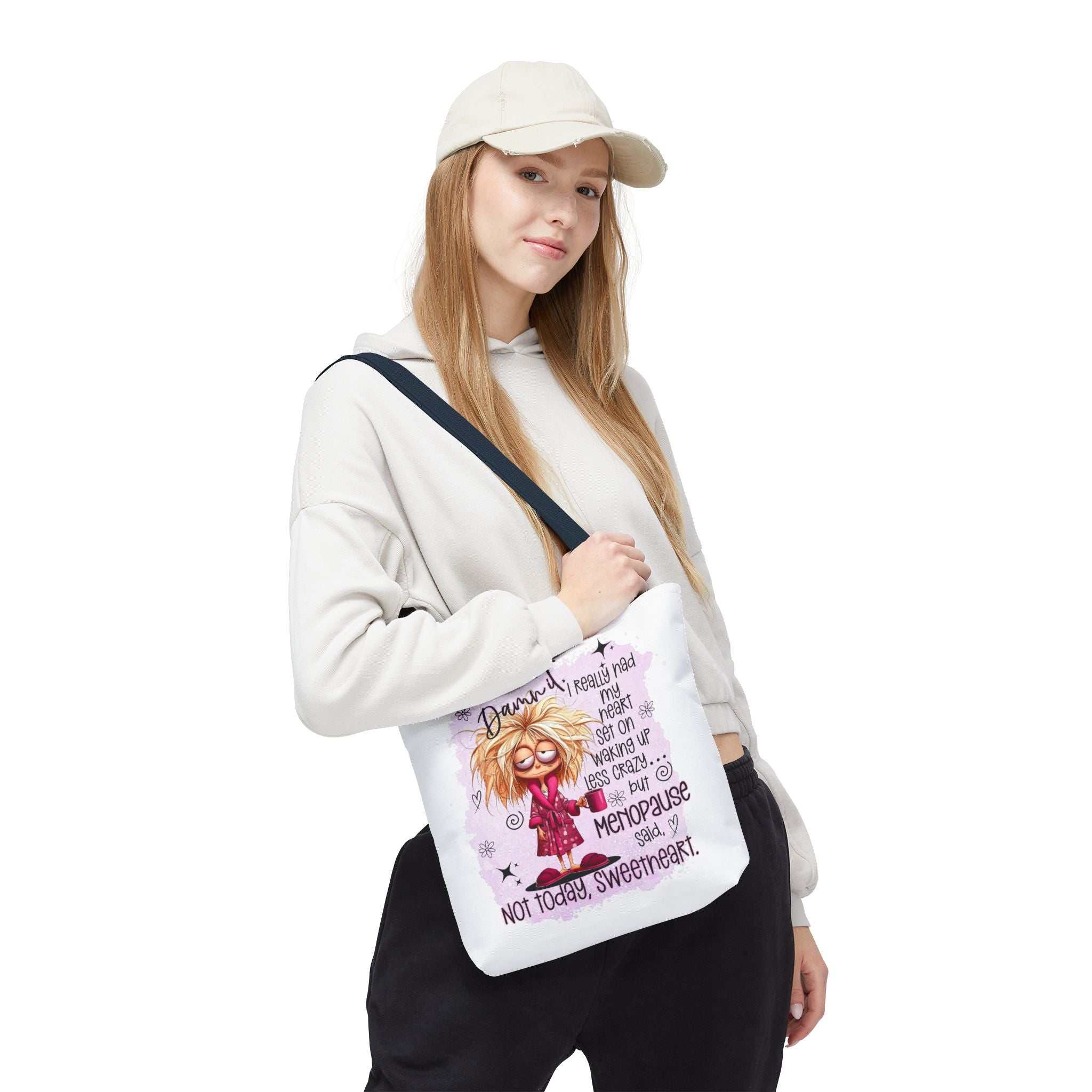 Cheeky menopause humour tote bag with durable spun polyester and colorful handles for everyday use