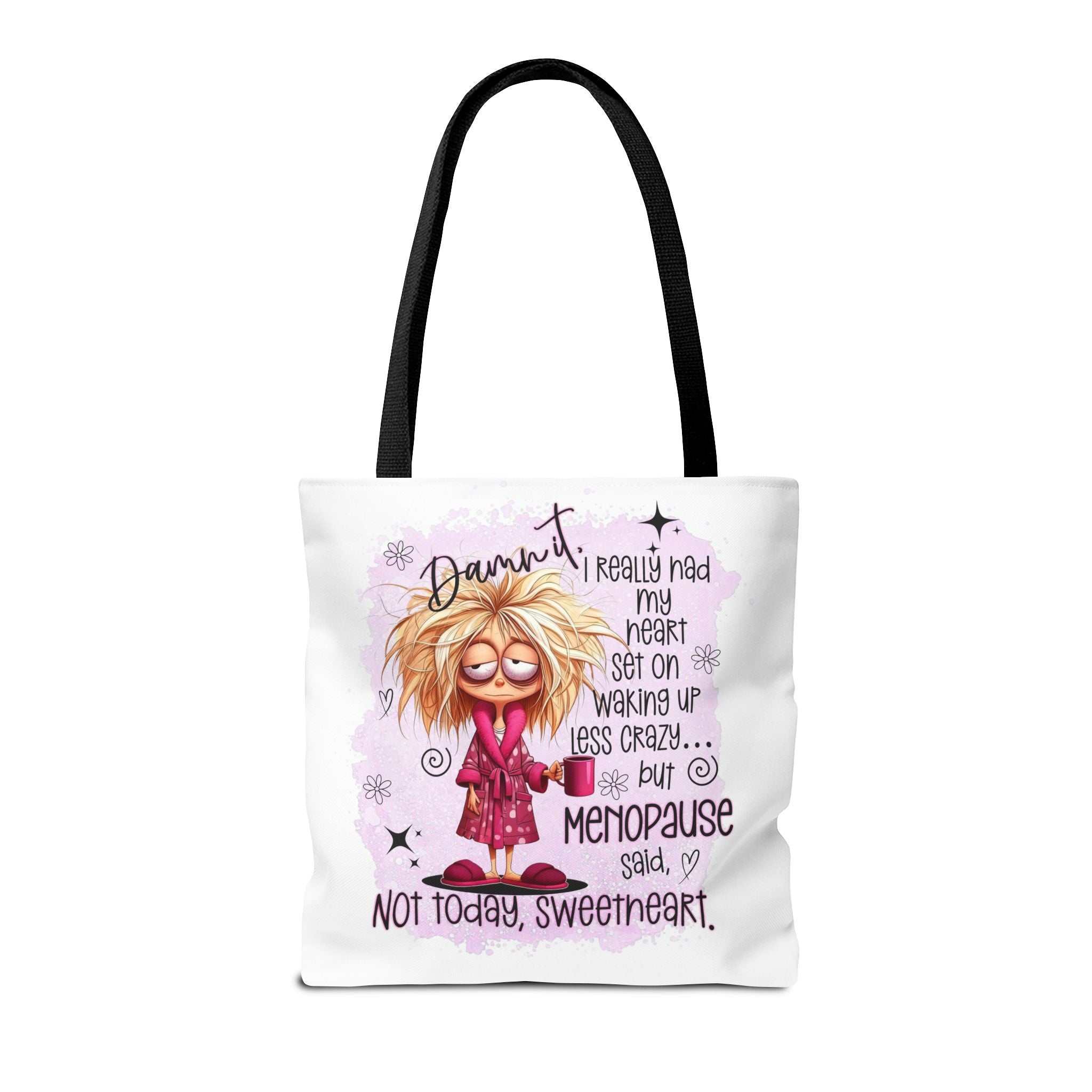 Menopause Humour Tote Bag with cheeky design, durable spun polyester, multiple sizes and handle colors for everyday use