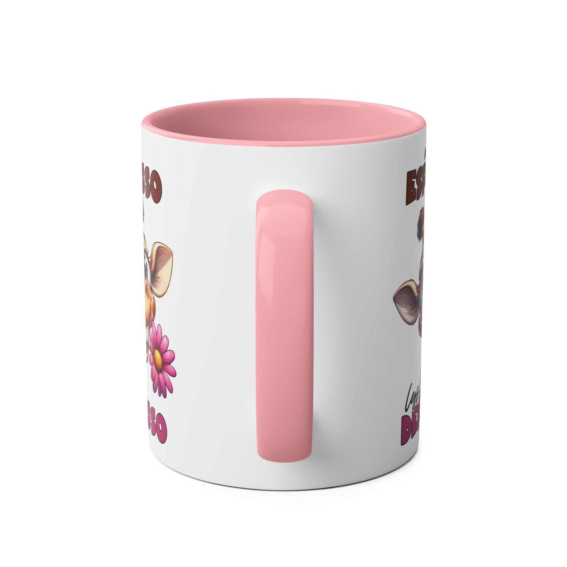 More Expresso Coffee Mug with giraffe design and pink handle, ceramic, glossy finish, microwave and dishwasher safe.