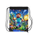 Minecraft drawstring bag with pixelated game characters, durable polyester, and easy closure for kids and gamers