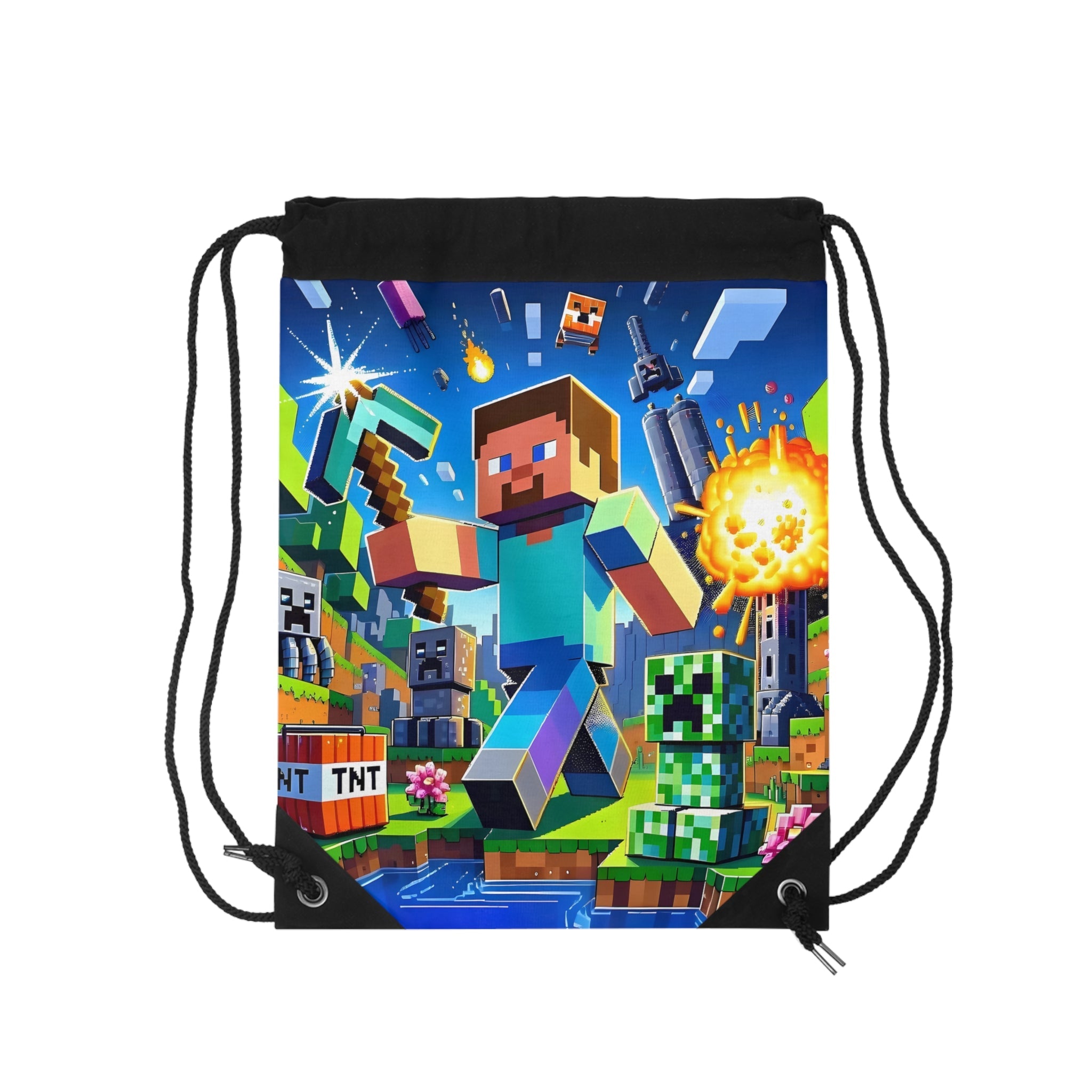 Minecraft drawstring bag with pixelated game characters, durable polyester, and easy closure for kids and gamers