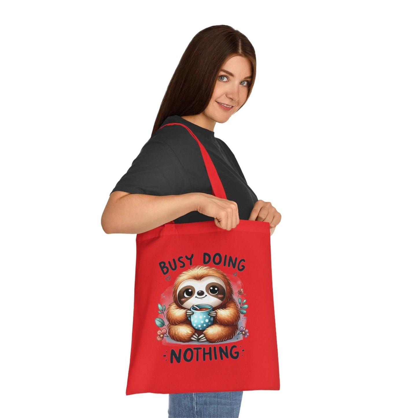 Cute sloth tote bag with vibrant colors, perfect for sloth lovers.