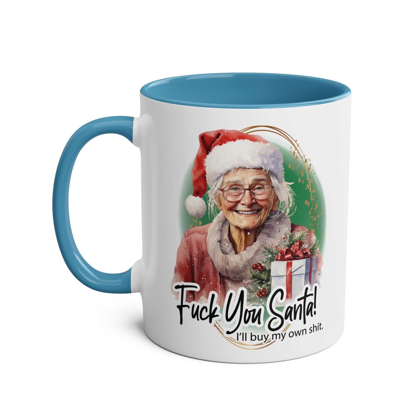 Festive ceramic mug with humorous granny design, blue handle, and cheeky Christmas message.