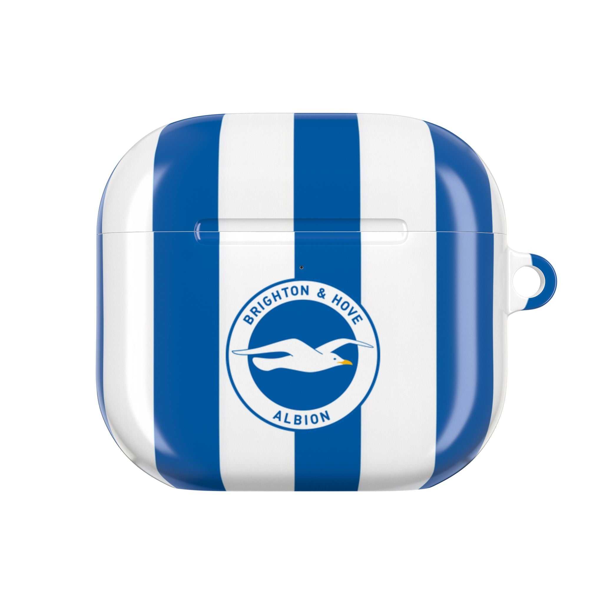 Brighton FC blue and white AirPods protective case with club crest, glossy finish, and shock-resistant design