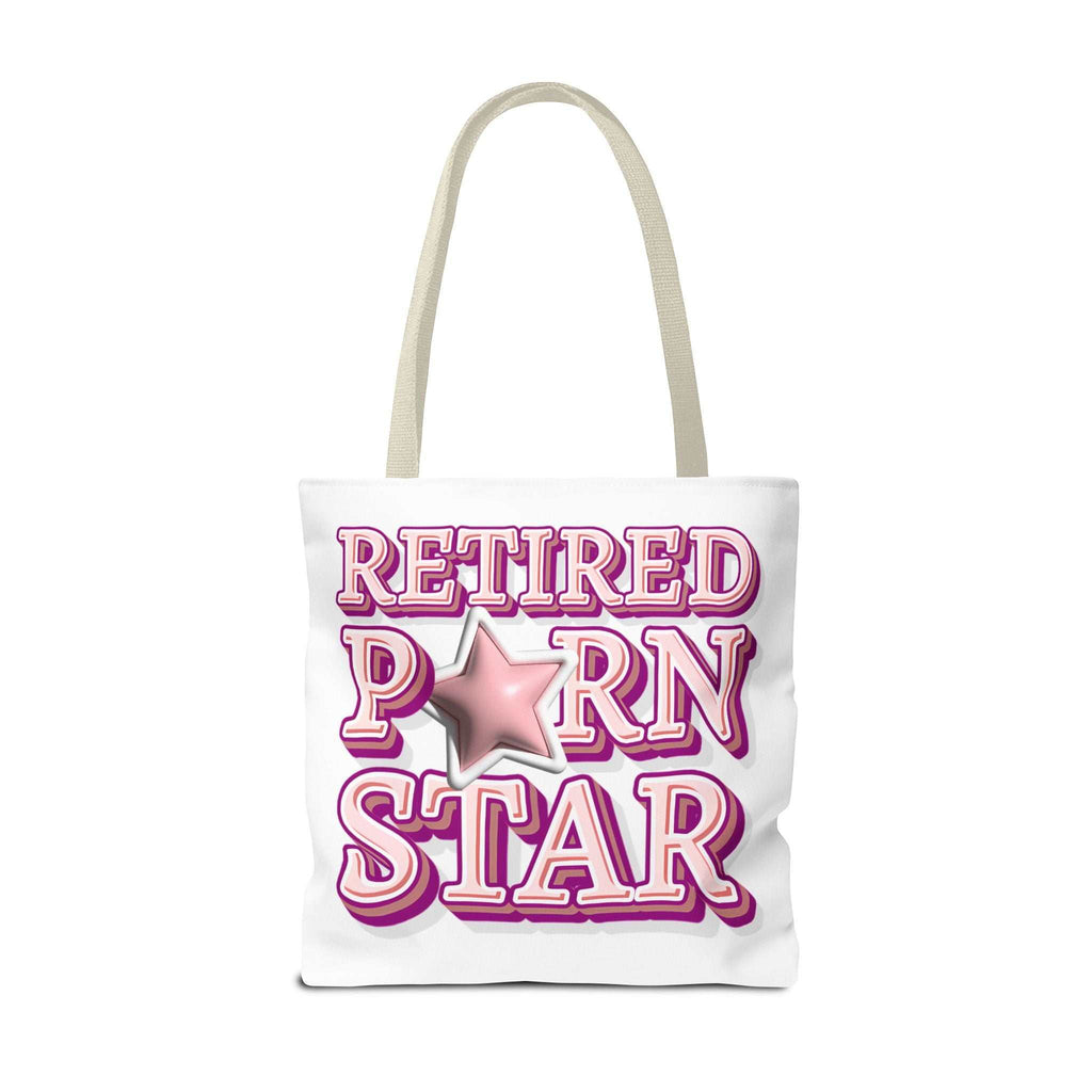 Retired Porn Star Tote Bag with cheeky design, durable spun polyester, three sizes, and multiple handle colors for everyday use