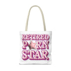 Retired Porn Star Tote Bag with cheeky design, durable spun polyester, three sizes, and multiple handle colors for everyday use