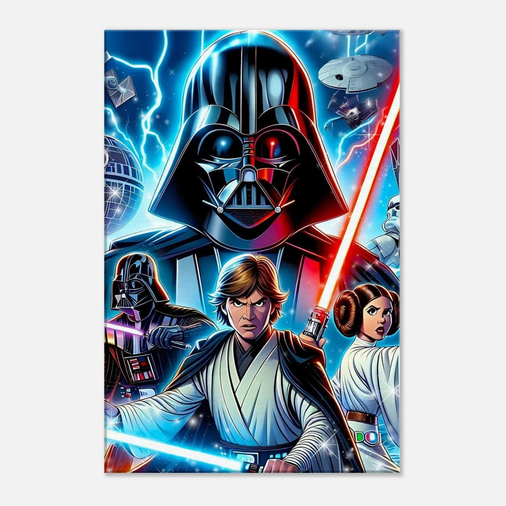 Star Wars wall canvas featuring iconic characters and vibrant battle scenes.
