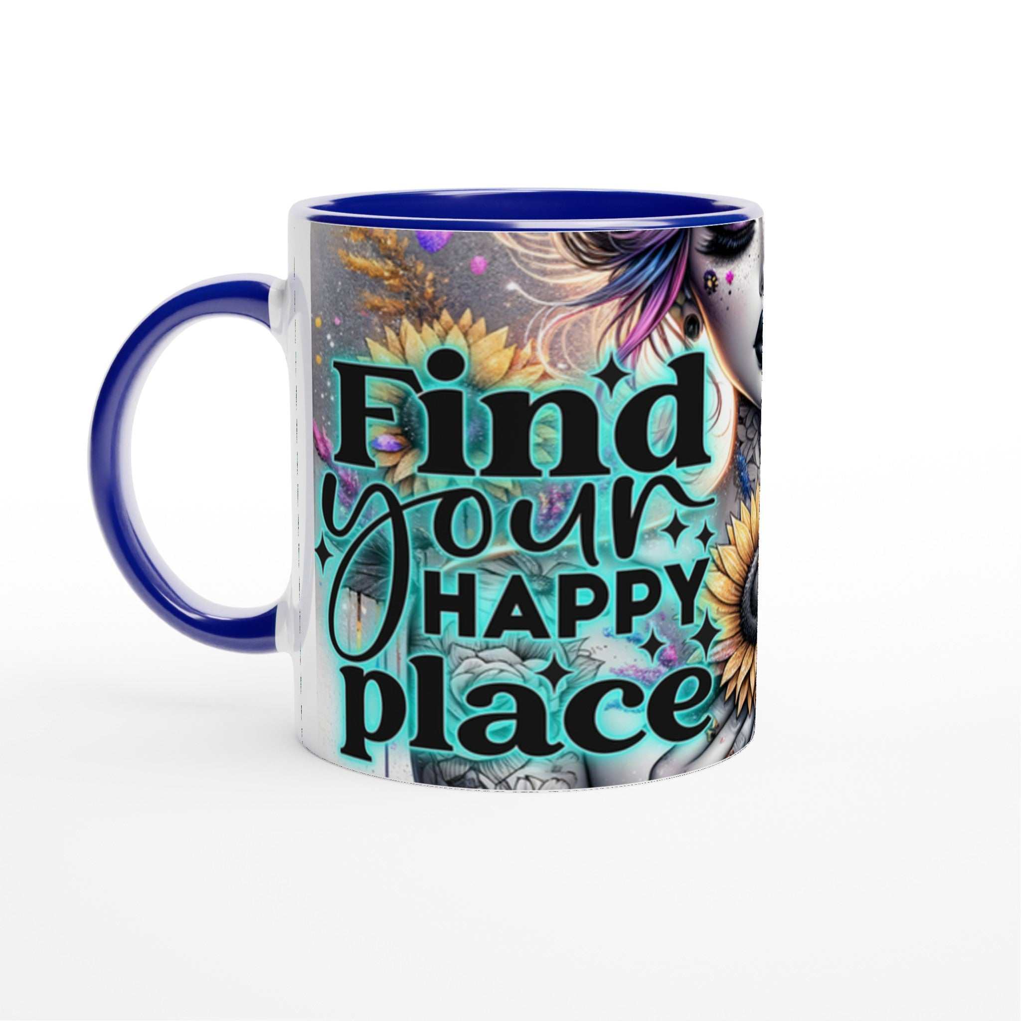 Happy Place Motivational Coffee Mug with Inspirational Quote, Vibrant Colors, and Glossy Finish.