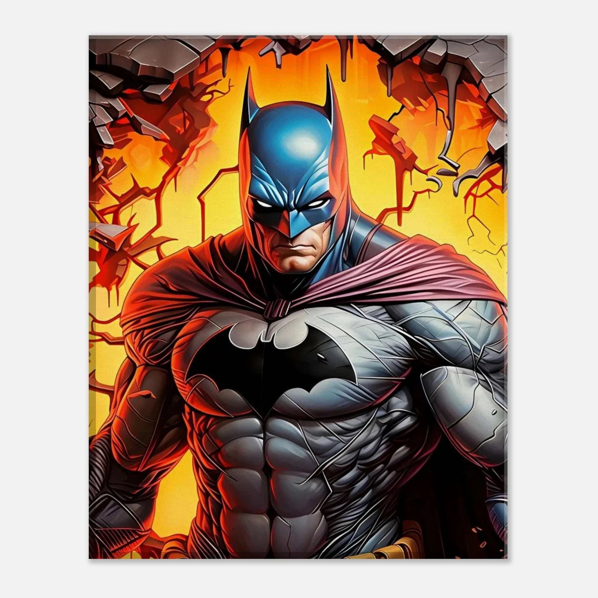 Batman Wall Canvas featuring Gotham's protector in vibrant print, available in various sizes and profiles, with FSC-certified wood frame.
