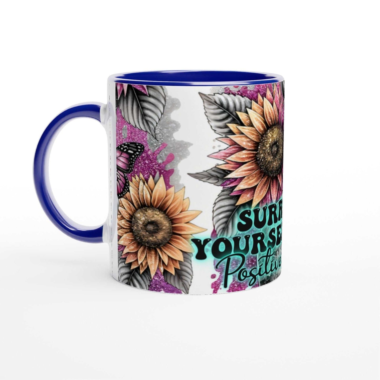 Positive Vibes motivational coffee mug with floral design and inspirational quote.