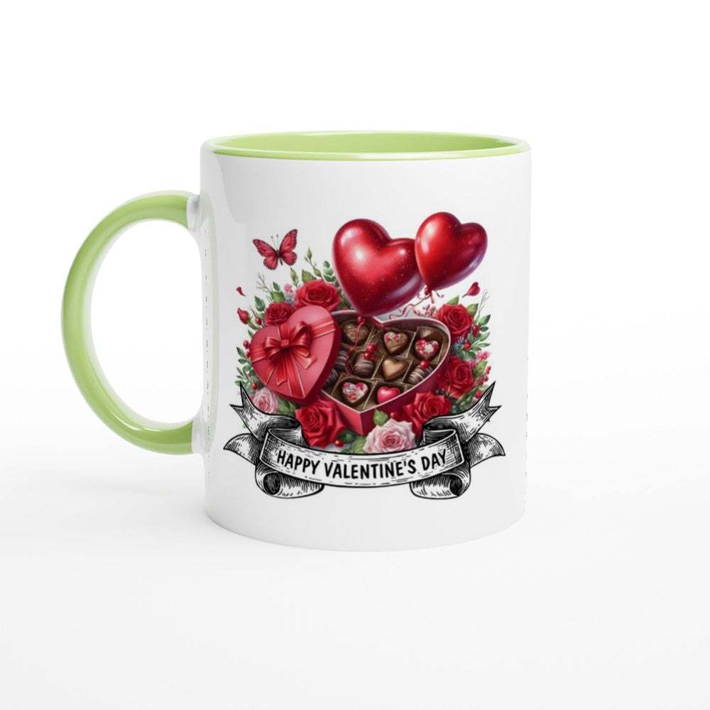 Gorgeous Valentine's Mug with hearts and chocolates design, gloss white ceramic with green rim.